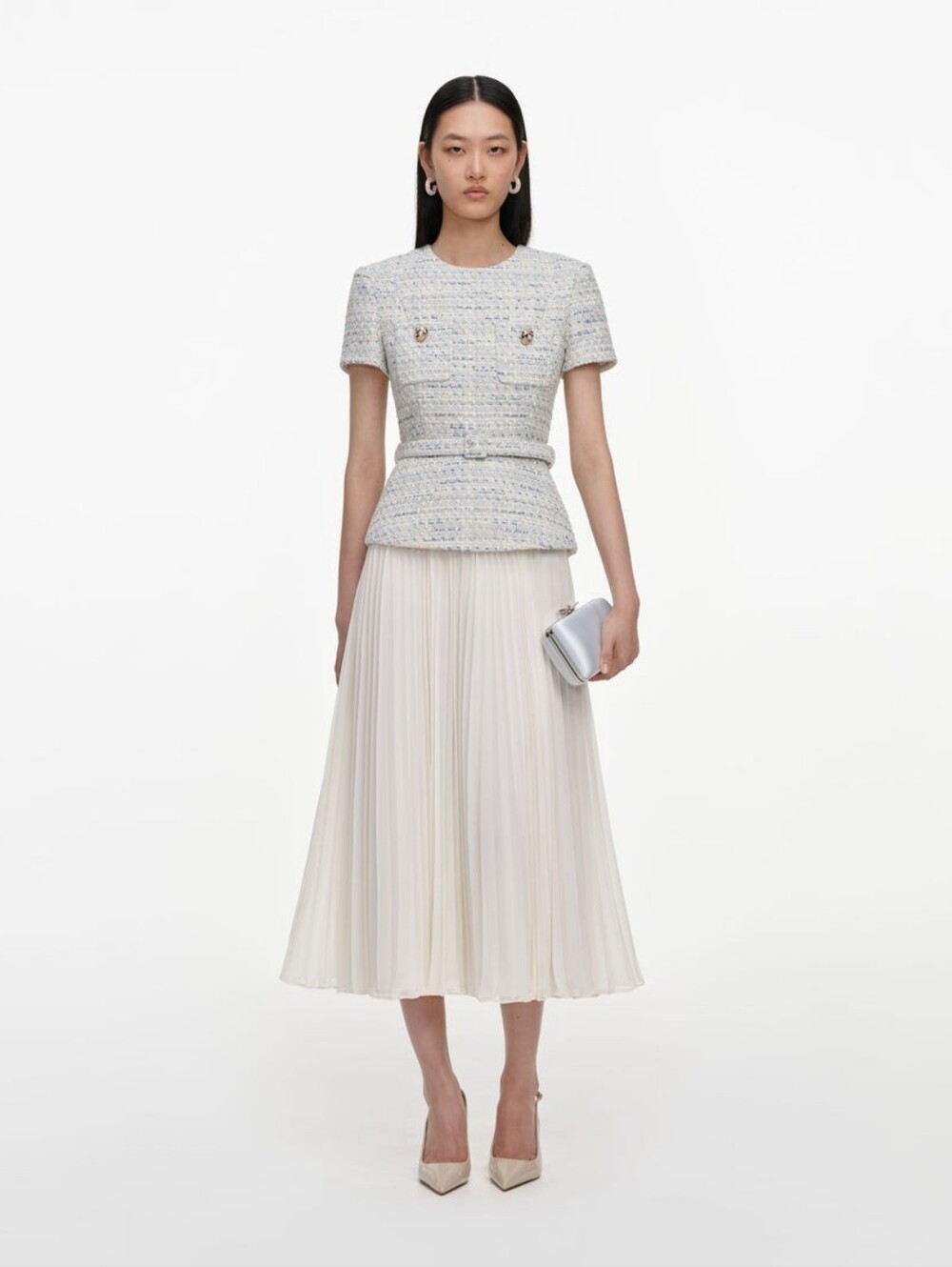 Self Portrait Blue Boucle Chiffon Midi Dress
